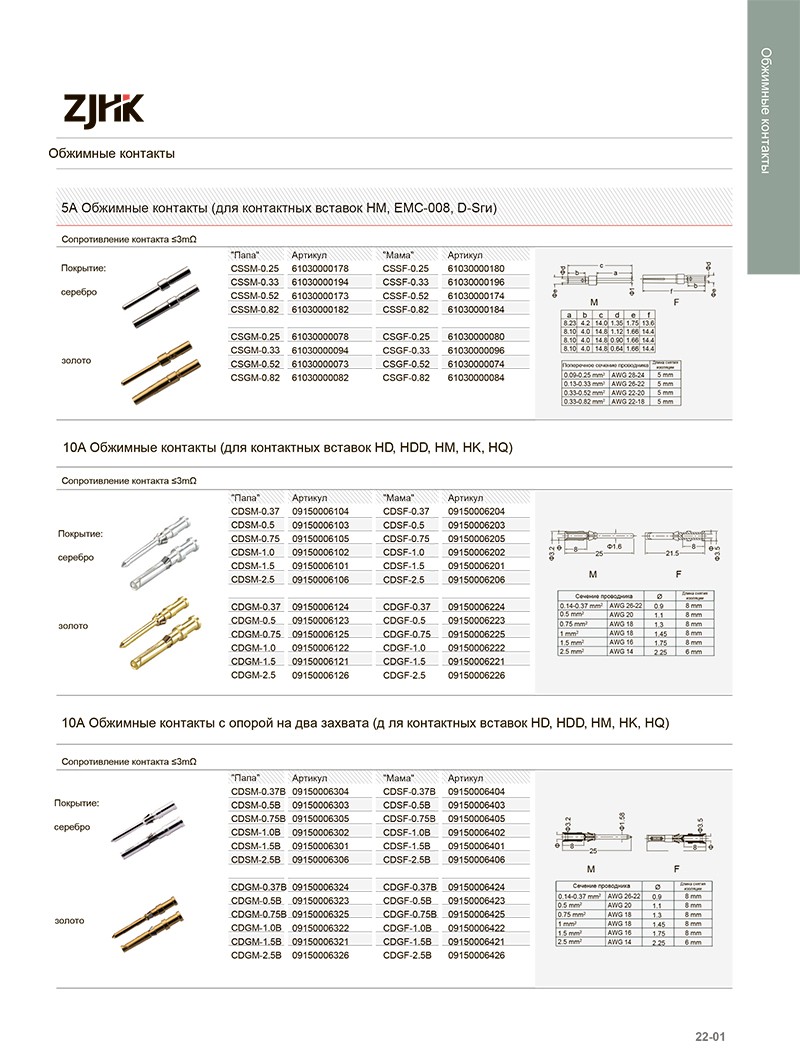 Каталог обжимных контактов для прямоугольных промышленных разъемов HDC